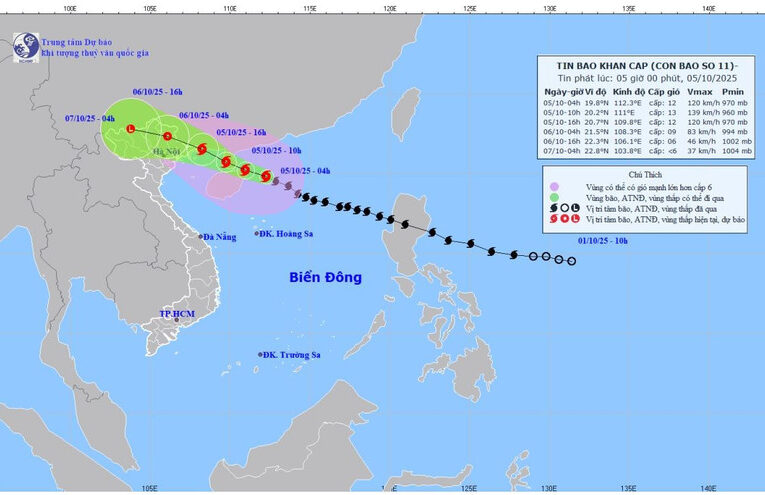 Bão số 11 đang mạnh cấp 12, giật cấp 15, cách Quảng Ninh khoảng 550km